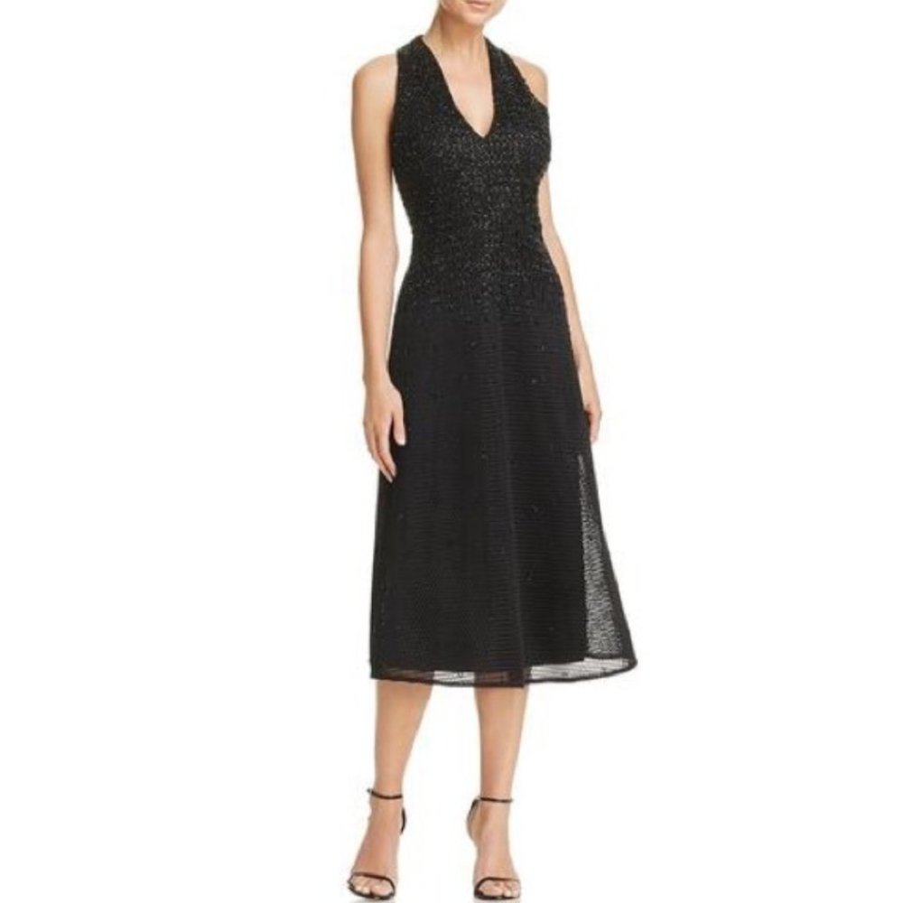 AIDAN MATTOX Beaded Mesh Net Tea Length Cocktail Dress Black